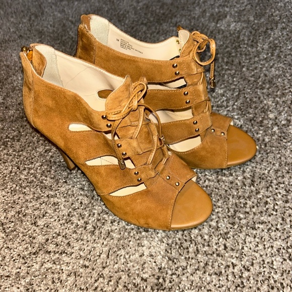 Isola Brown suede Lace-Up open toed Women's stiletto heels with gold accent - Picture 4 of 10